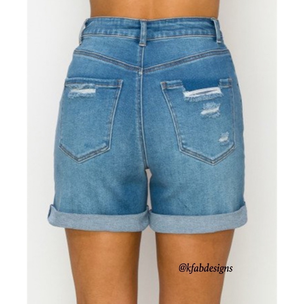 Soft, Stretchy Hi Rise Relaxed Fit Distressed Mom Shorts with Cuffs! - Picture 5 of 5